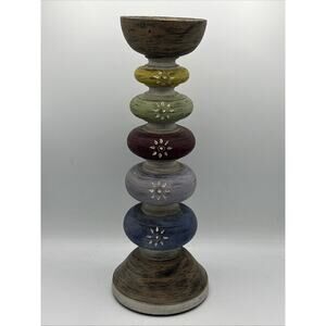 Pier 1 Imports WOODEN TURNED Candlestick Colorful handpainted 14.5" TALL